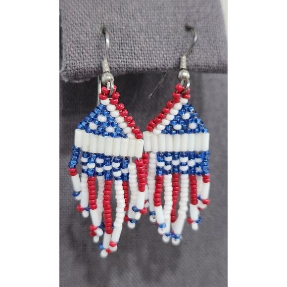 Hand Beaded American Flag Red White Blue Dangle Hook Earrings 3" Long - Picture 1 of 3